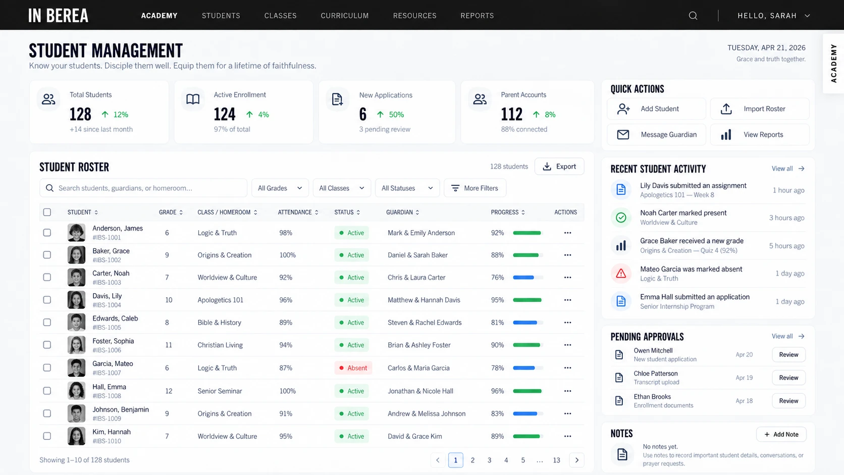 In Berea Academy student management interface